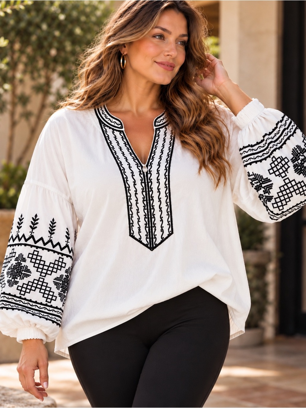 Chico’s Embroidered Boho Peasant White Black Balloon Beaded Sleeve Tunic Top XL